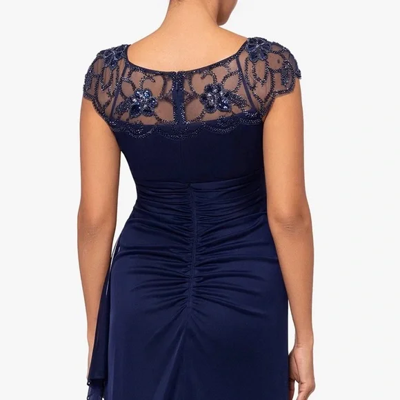 XSCAPE NWT Beaded Cap Sleeve Round Neck Ruched Cascade Ruffle Side Gown (PLUM) - Picture 6 of 12